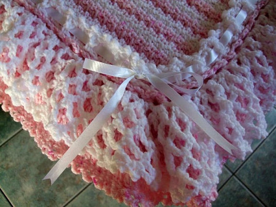 Hand crochet stripe baby blanket afghan - crocheted lacy ruffle edging - stripes