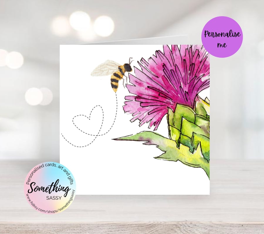 Thistle & Bee Watercolour print card - can be personalised 