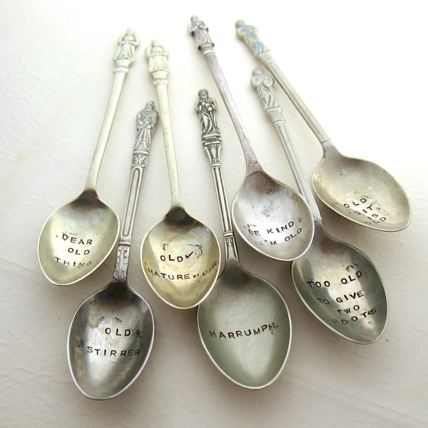 Grumpy old man spoon, one handstamped apostle coffeespoon, choice of wording