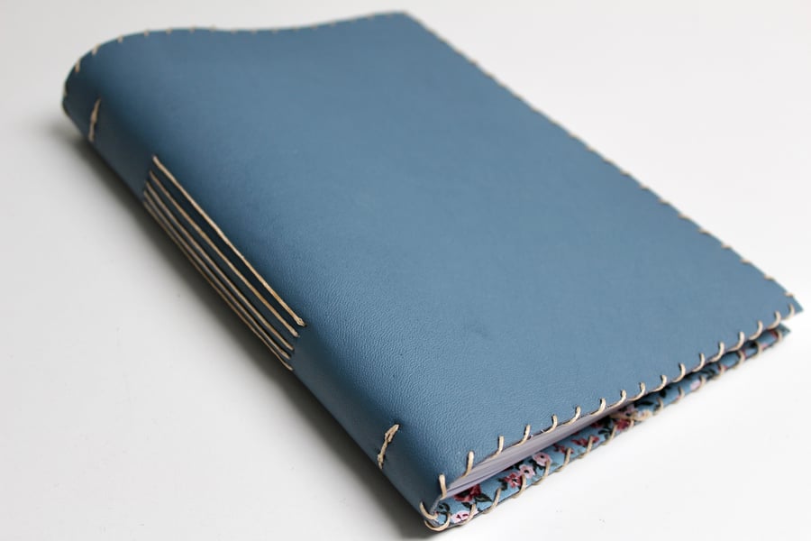 A5 Blue Teal Leather handmade notebook with fabric lining  and lined paper 