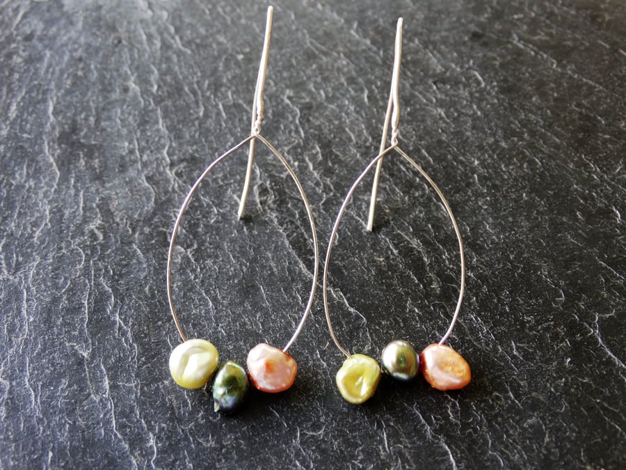 Fine silver hoops with three coloured pearls