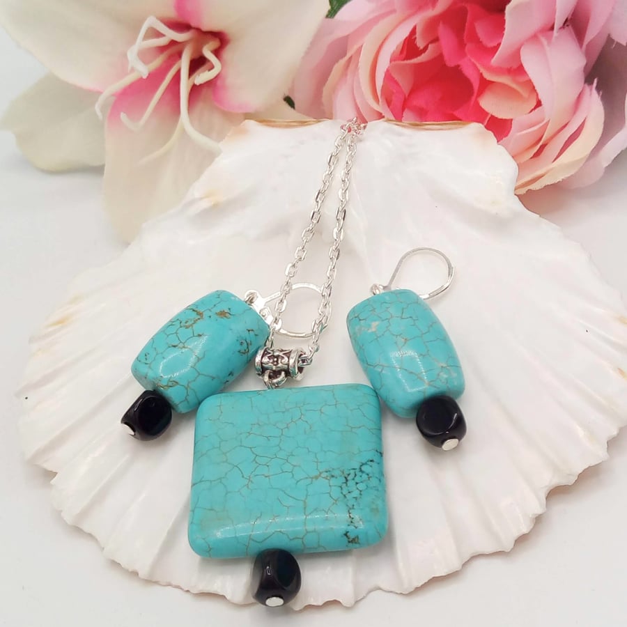 Turquoise Square Pendant on a Silver Chain and Earrings, Sagittarius Gift