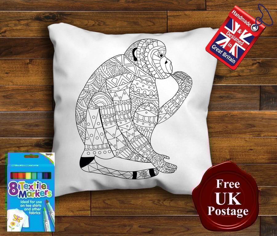 Monkey Colouring Cushion Cover, With or Without Fabric Pens Choose Your Size