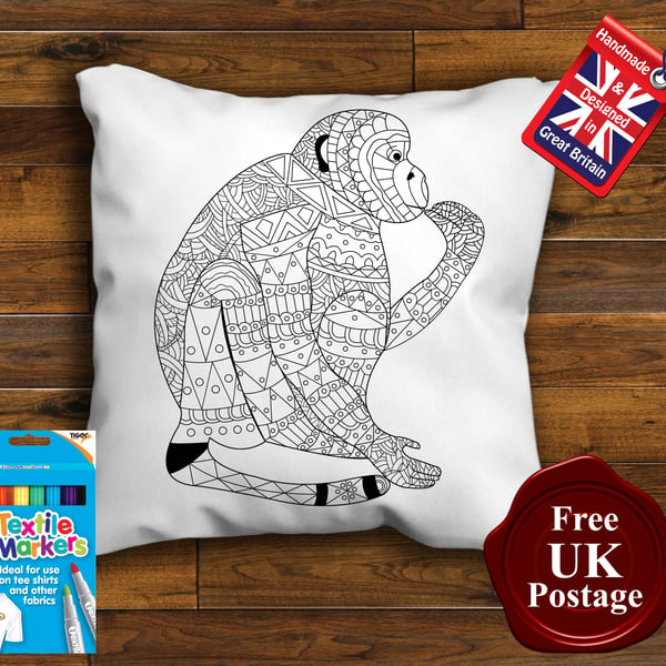 Monkey Colouring Cushion Cover, With or Without Fabric Pens Choose Your Size