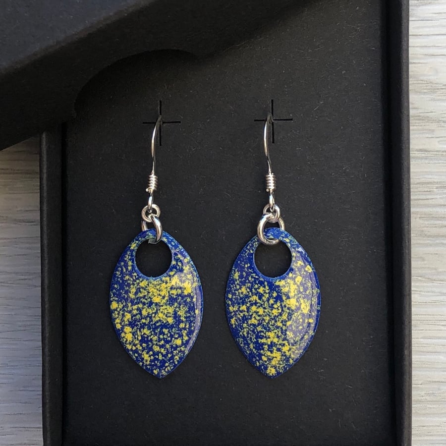 Blue and yellow enamel scale earrings. Sterling silver. 