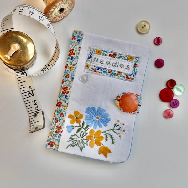 Sewing needle case white with Liberty lawn and reclaimed embroidery 