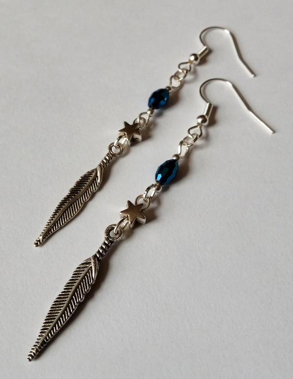 Feather Star Blue Ab Crystal Bead Dangle Earrings