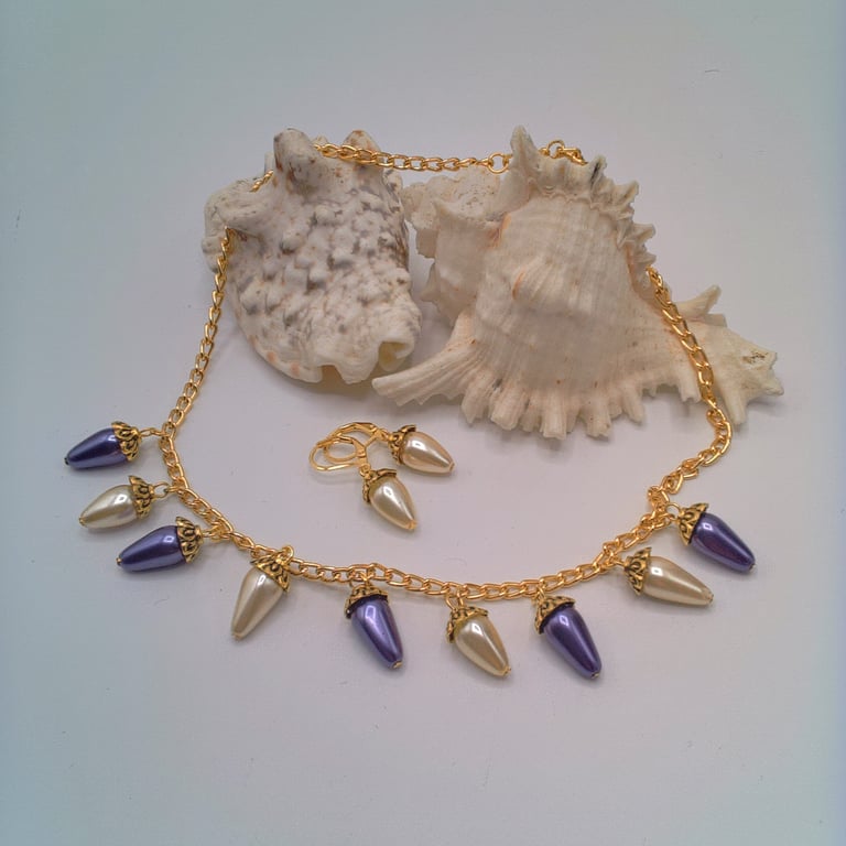 Purple and Cream Pearl Drop Beads on a Gold Plated Chain Necklace and Earrings
