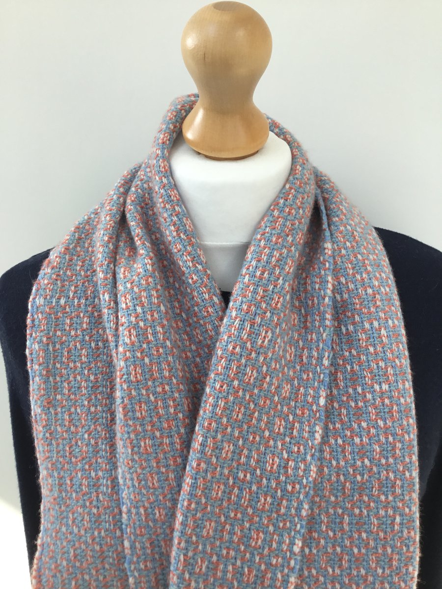 Handwoven shawl scarf - woven with blue and orange lambswool.