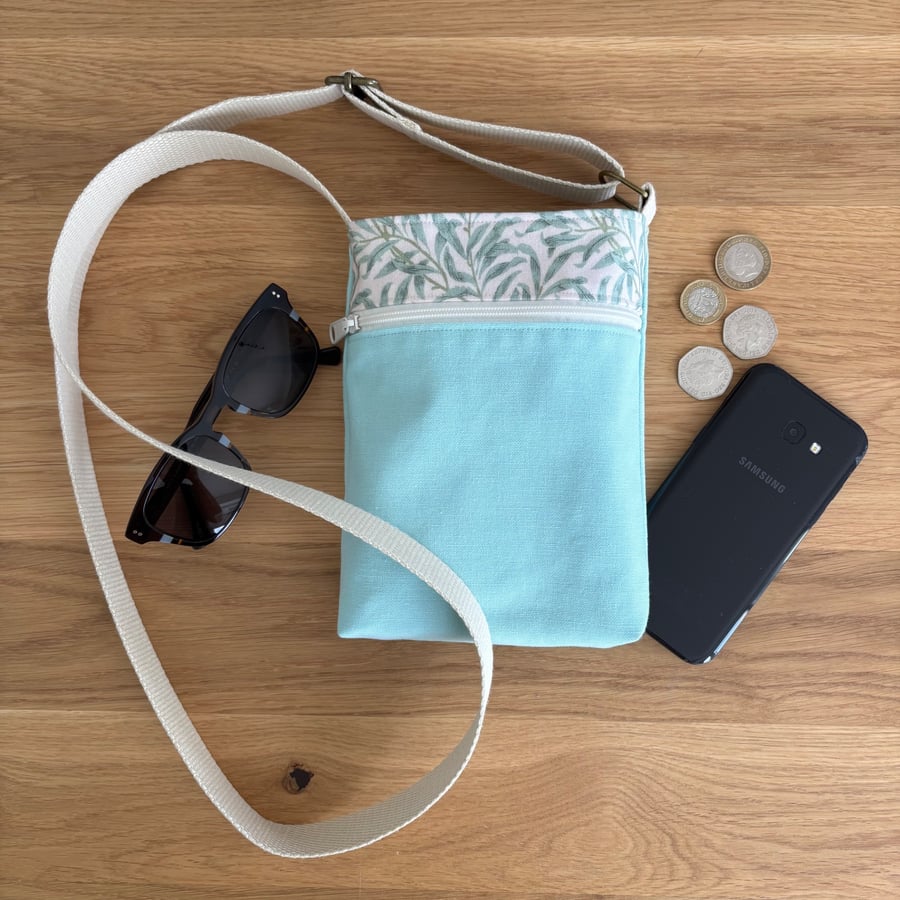 Fabric crossbody bag, phone bag, pale green cotton, with an adjustable strap