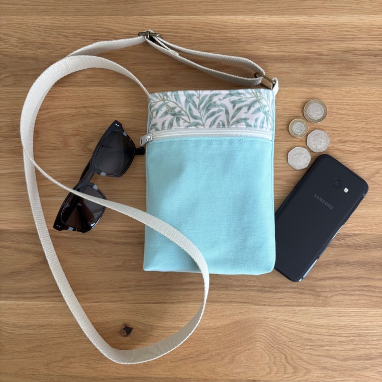 Fabric crossbody bag, phone bag, pale green cotton, with an adjustable strap