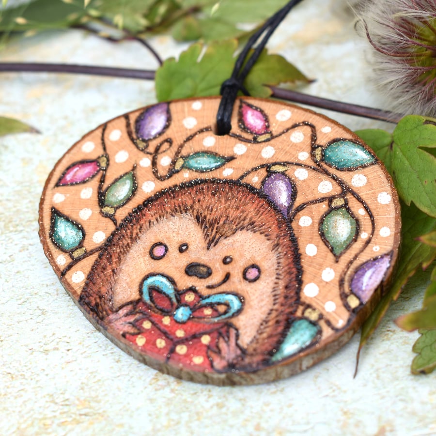 Cute hedgehog hanging disc. Pyrography cute personalised decoration.