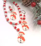 Clay Snowman Pendant on a Red and White Beaded Necklace and Earrings - Image 10