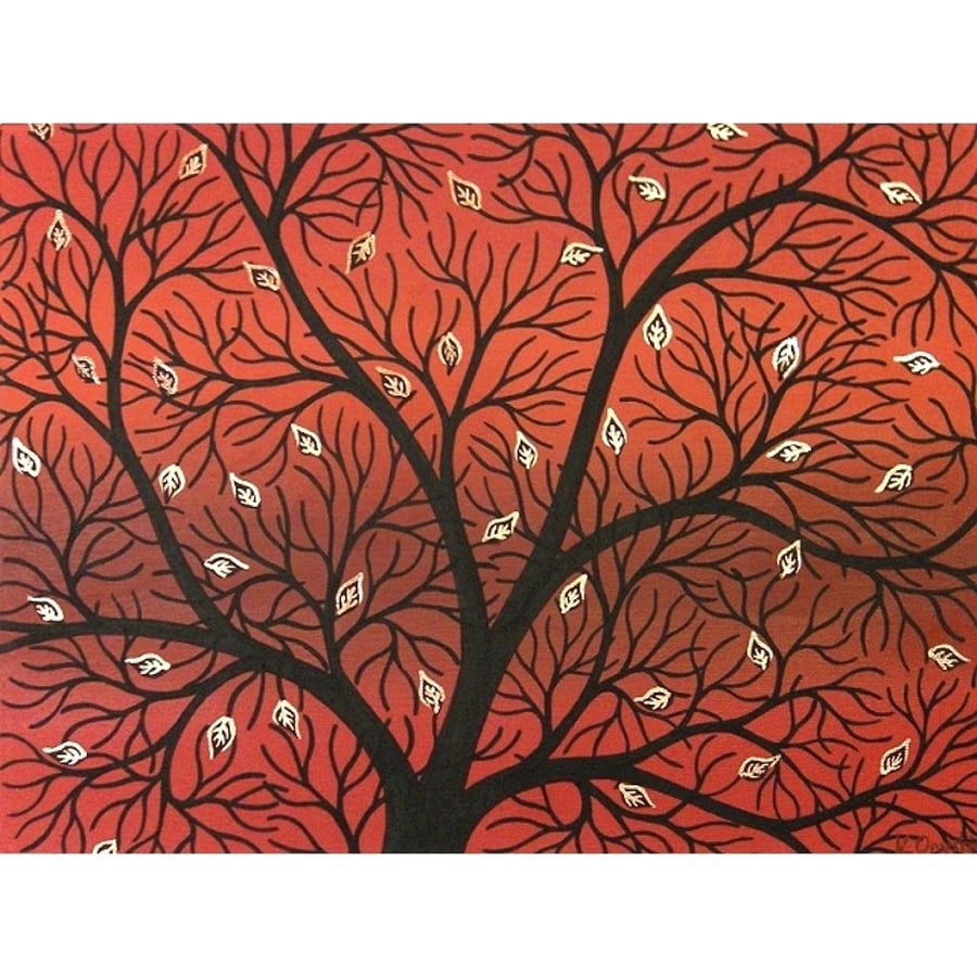 Autumn Tree Original Acrylic Painting - silhouette art of autumn tree branches