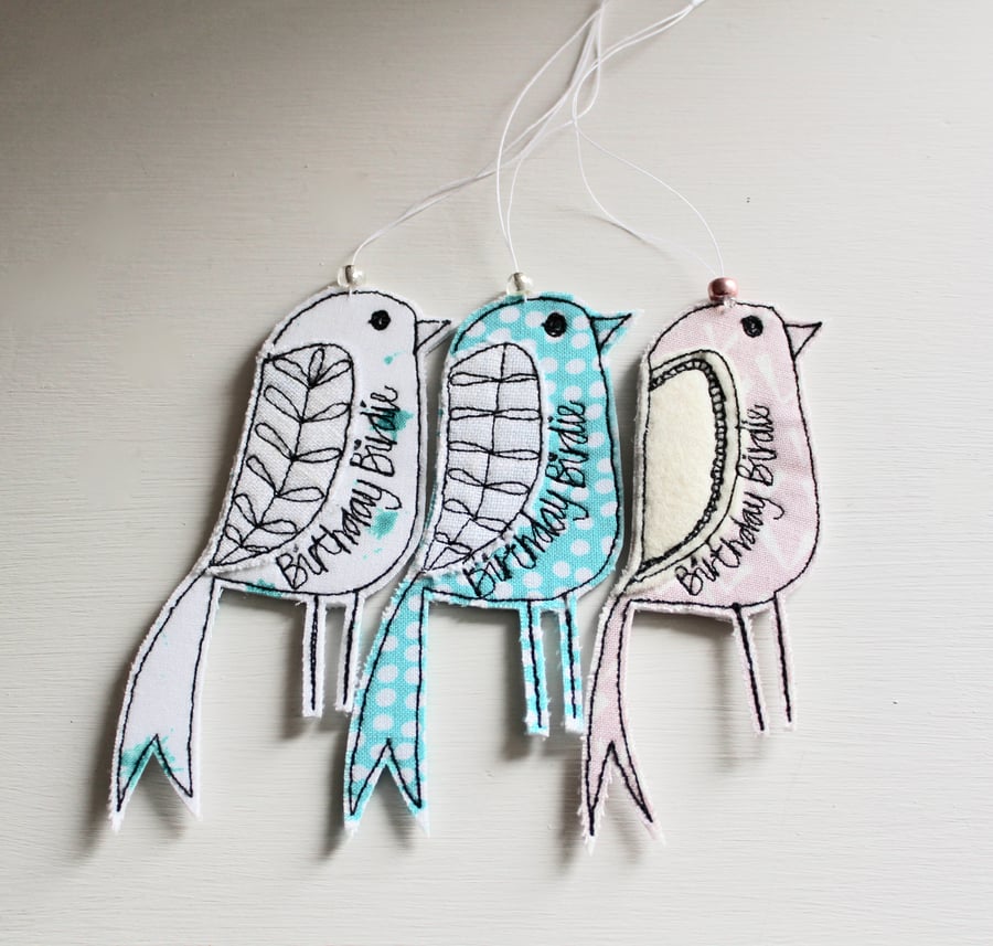 'Three Birthday Birdie' - Stitched Gift Tag