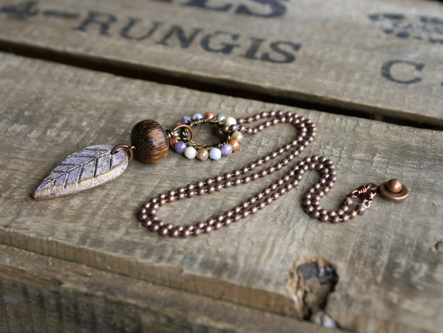 Wire Wrapped Necklace with Rustic Ceramic Leaf