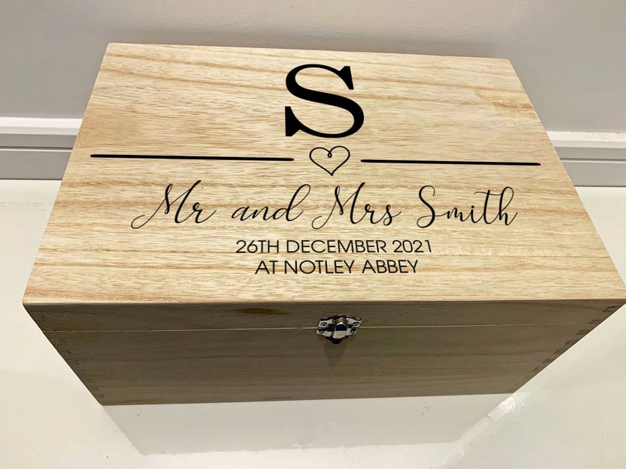 Large Personalised Engraved Wooden Wedding Initial Keepsake Box with Heart