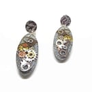 Silver Holographic Steampunk Earrings, Long Oval Dangles with Metal Inclusions