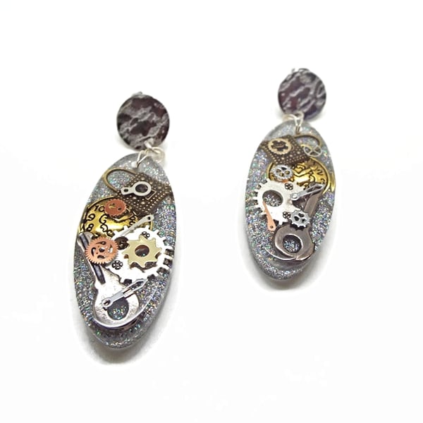 Silver Holographic Steampunk Earrings, Long Oval Dangles with Metal Inclusions