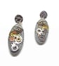 Silver Holographic Steampunk Earrings, Long Oval Dangles with Metal Inclusions