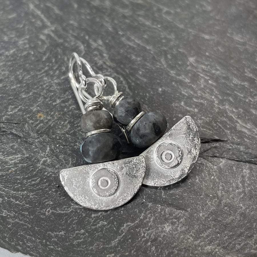 Silver and black labradorite Ulu blade earrings
