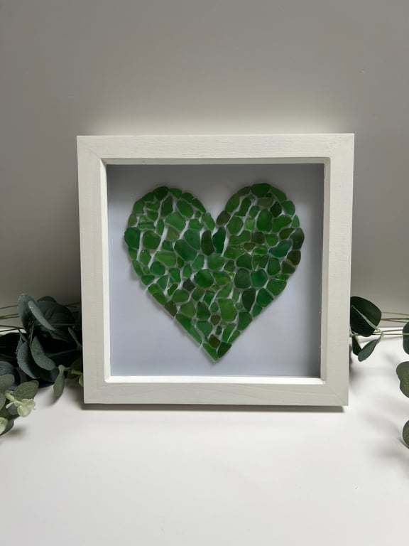 Sea Glass Wall Art: Large Heart, Green, White Shadow Box Frame - Coastal home 
