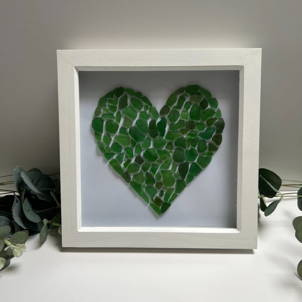 Sea Glass Wall Art: Large Heart, Green, White Shadow Box Frame - Coastal home 