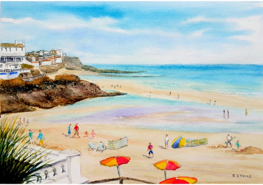 Original watercolour painting, Porthminster Beach, St. Ives, Cornwall