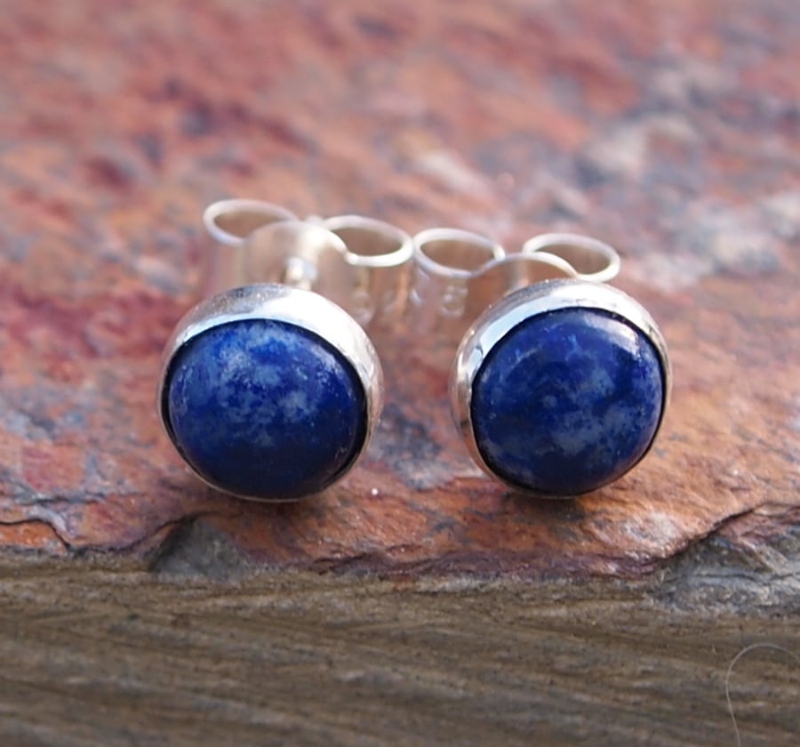 Silver stud earrings with blue sodalite