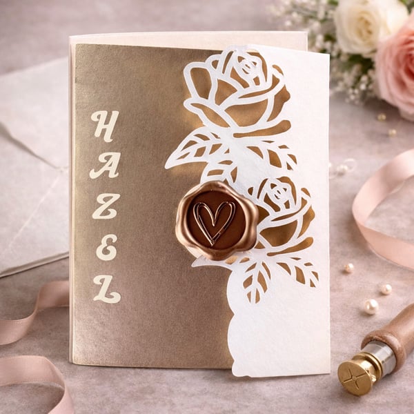 Personalised Rose Laser-Cut Card with Wax Seal – Custom Wedding or Gift Set