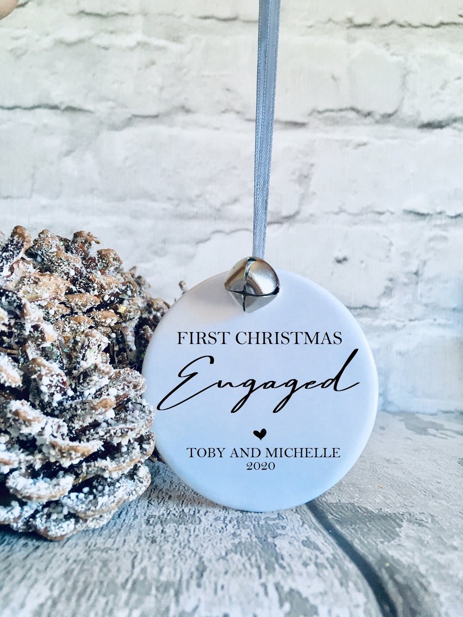 first christmas engaged bauble, Ceramic hanging heart, engaged, engagement gift,