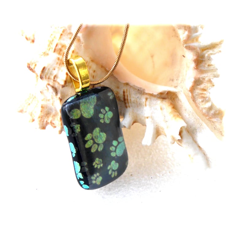 Black Paw Dichroic Glass Pendant 137 with gold plated chain