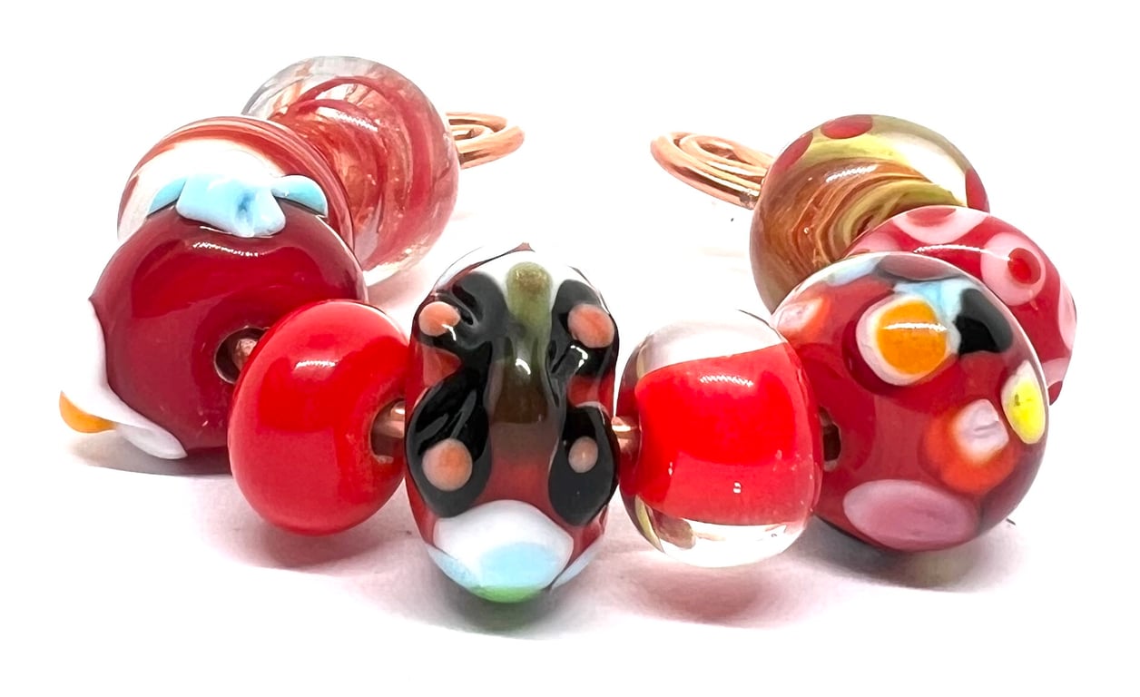 Handmade Lampwork Glass Beads – Bright Poppy Red, Floral & Confetti Set of 9