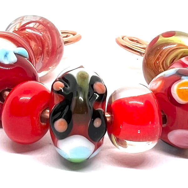 Handmade Lampwork Glass Beads – Bright Poppy Red, Floral & Confetti Set of 9