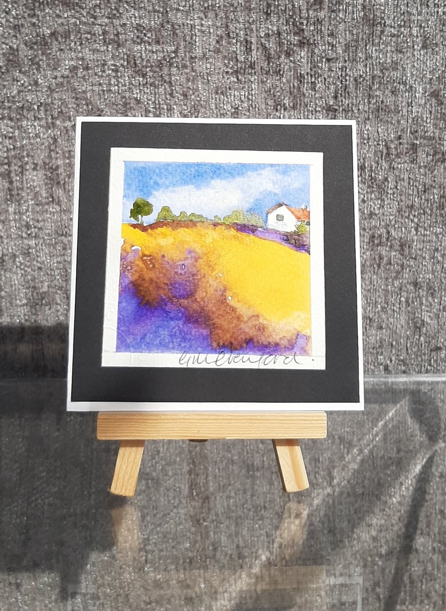 Mini Handpainted Blank Card. Letterbox Gift. A Farm Cottage and Field