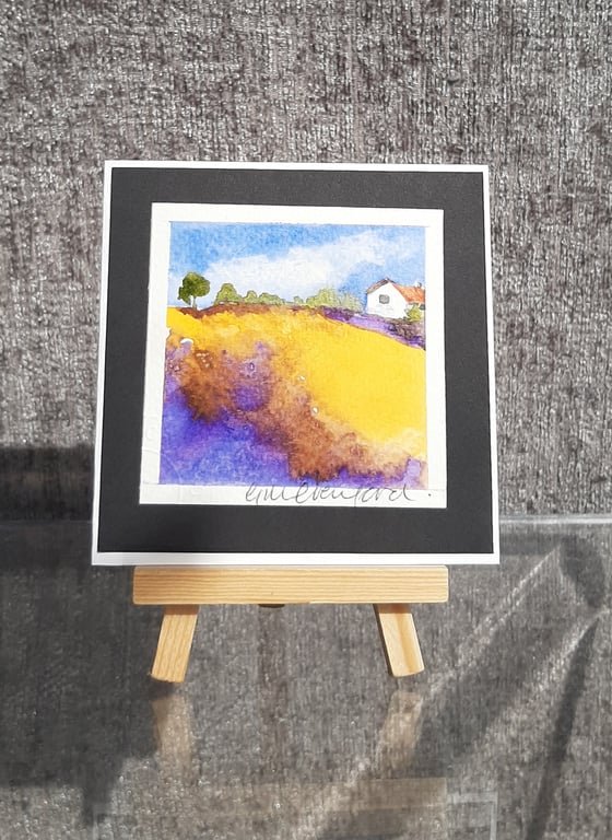 Mini Handpainted Blank Card. Letterbox Gift. A Farm Cottage and Field