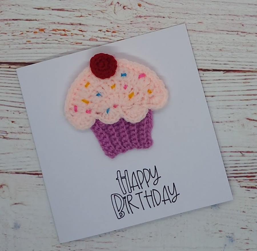 Handmade Crocheted Cupcake Birthday Card