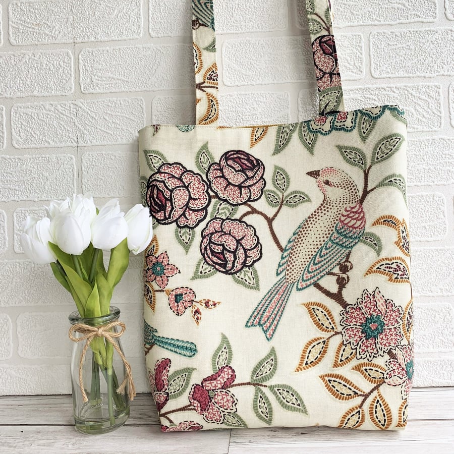 Bird and floral print fabric tote bag
