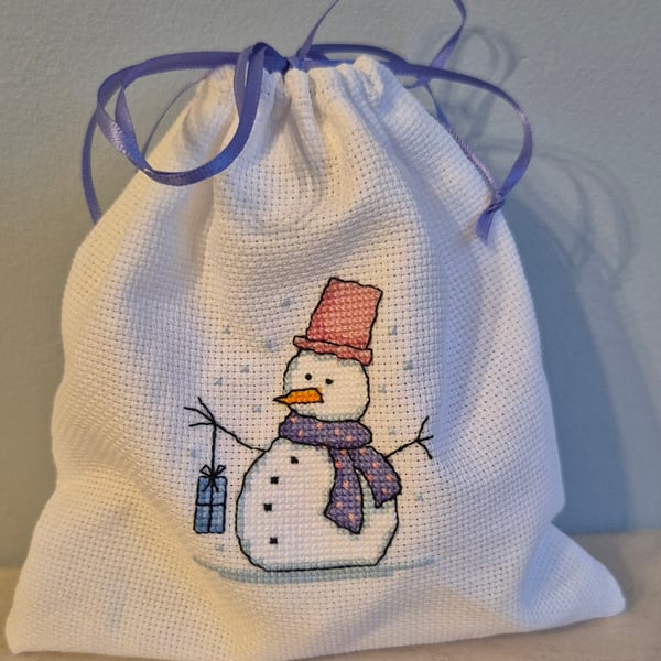 Hand Embroidered Christmas Cross Stitch Gift Bag