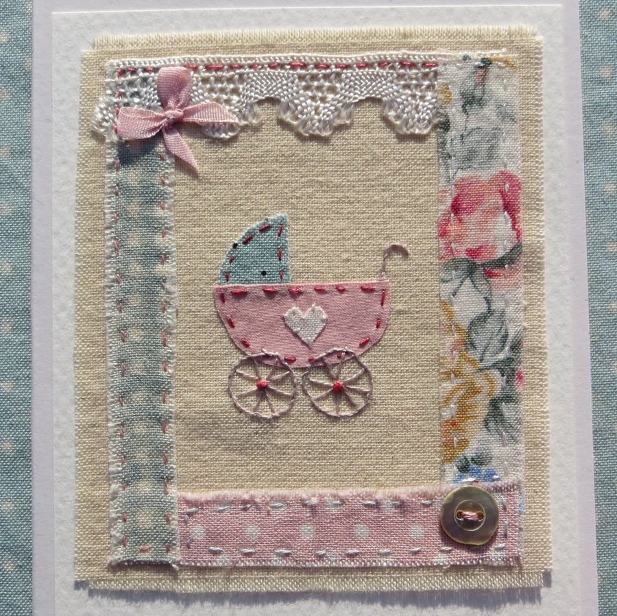 Little pram embroidery on card to welcome a new baby girl - very pretty