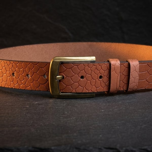 Burnt Orange Full Grain Embossed Leather Belt Basketweave Mens Belt 38mm