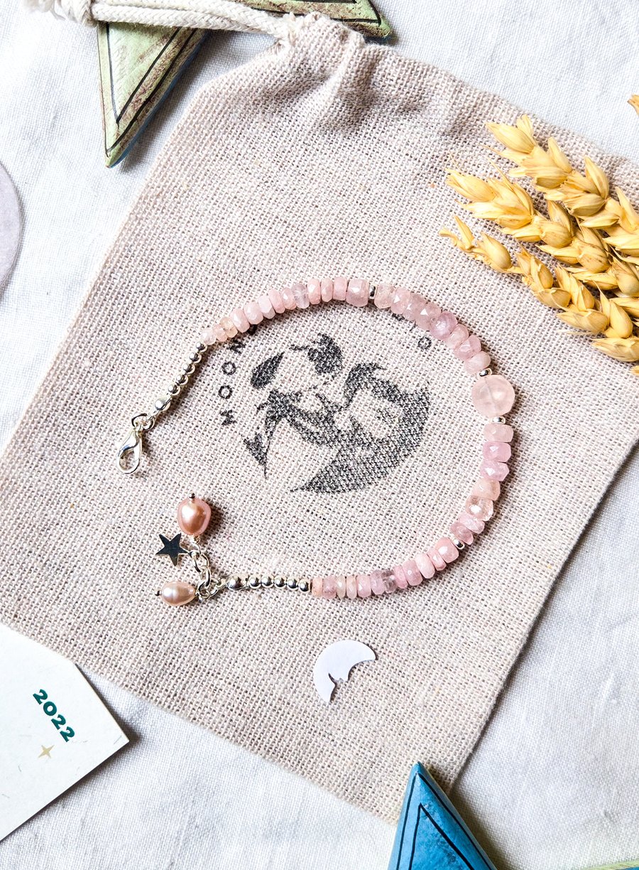 Pink Morganite and Freshwater Pearl Bracelet with Sterling Silver Star Charm