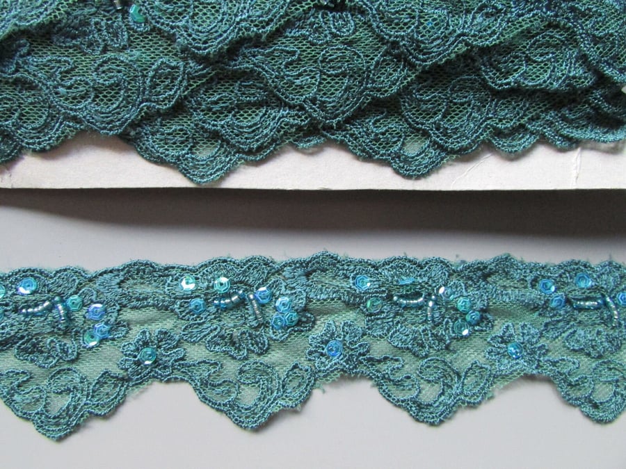 Embroidered sequin and beaded lace top quality x 1 metre available in teal light