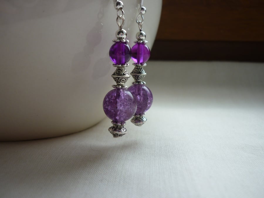 PURPLE, MAGENTA AND SILVER DANGLE EARRINGS.