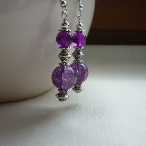 PURPLE, MAGENTA AND SILVER DANGLE EARRINGS.