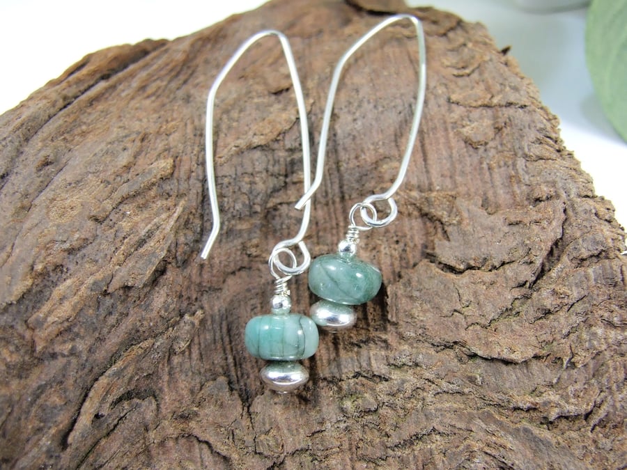 Earrings, Sterling Silver Long Drop with Natural Emerald Gemstones