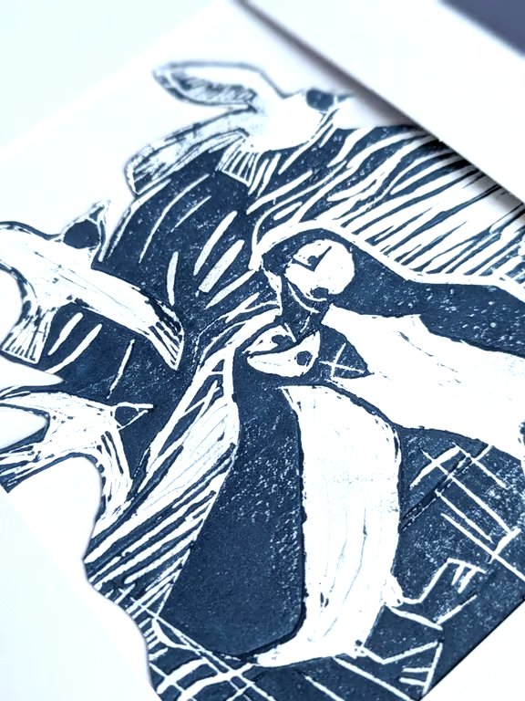 Summer Seconds Puffin lino print card