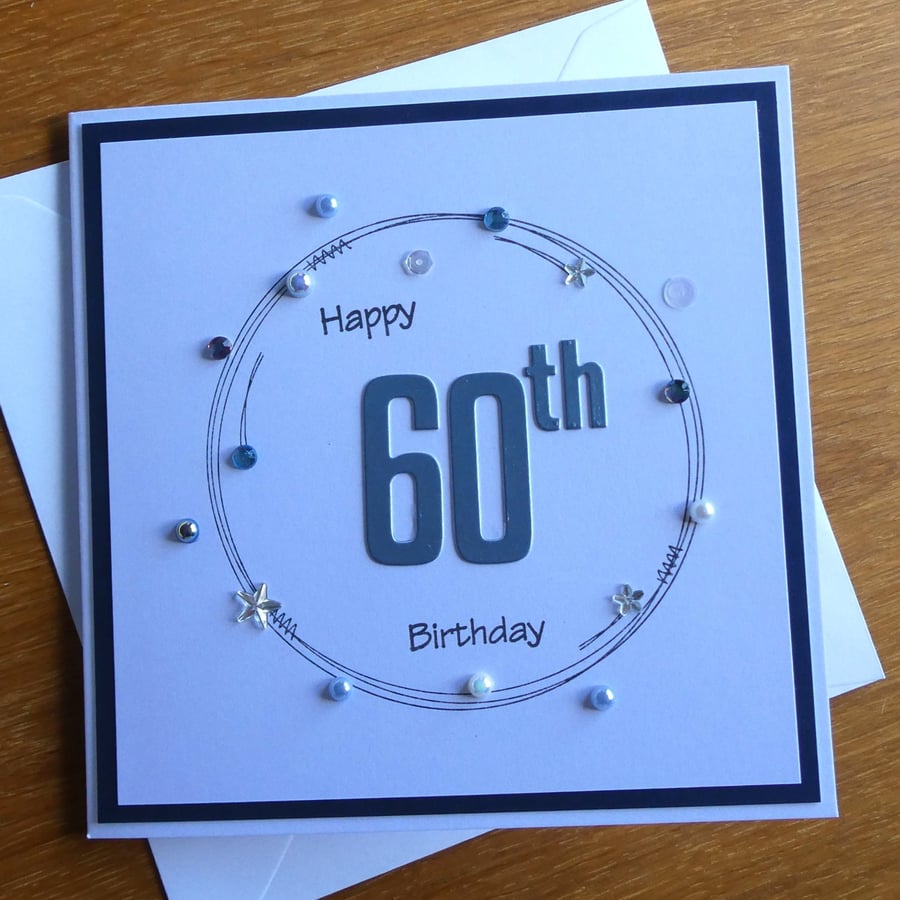 60th Birthday Card - Blue and Silver Wreath Design