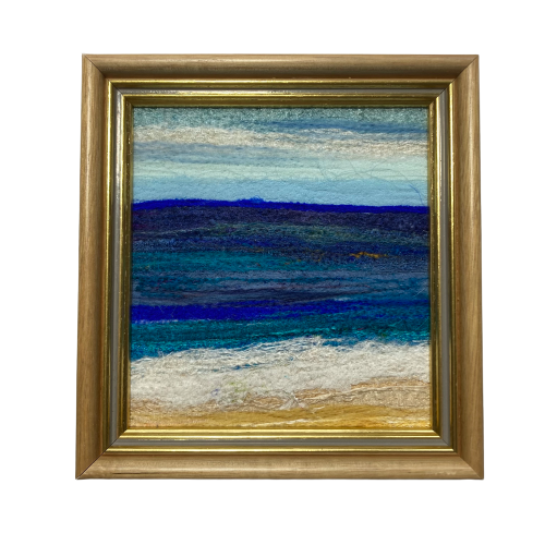 Framed needle felted textile art, silk and wool, Seascape