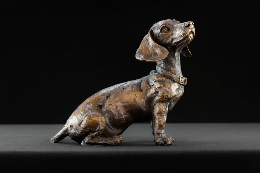 Sitting Dachshund Puppy sculpture, life-sized Foundry Bronze dachshund statue